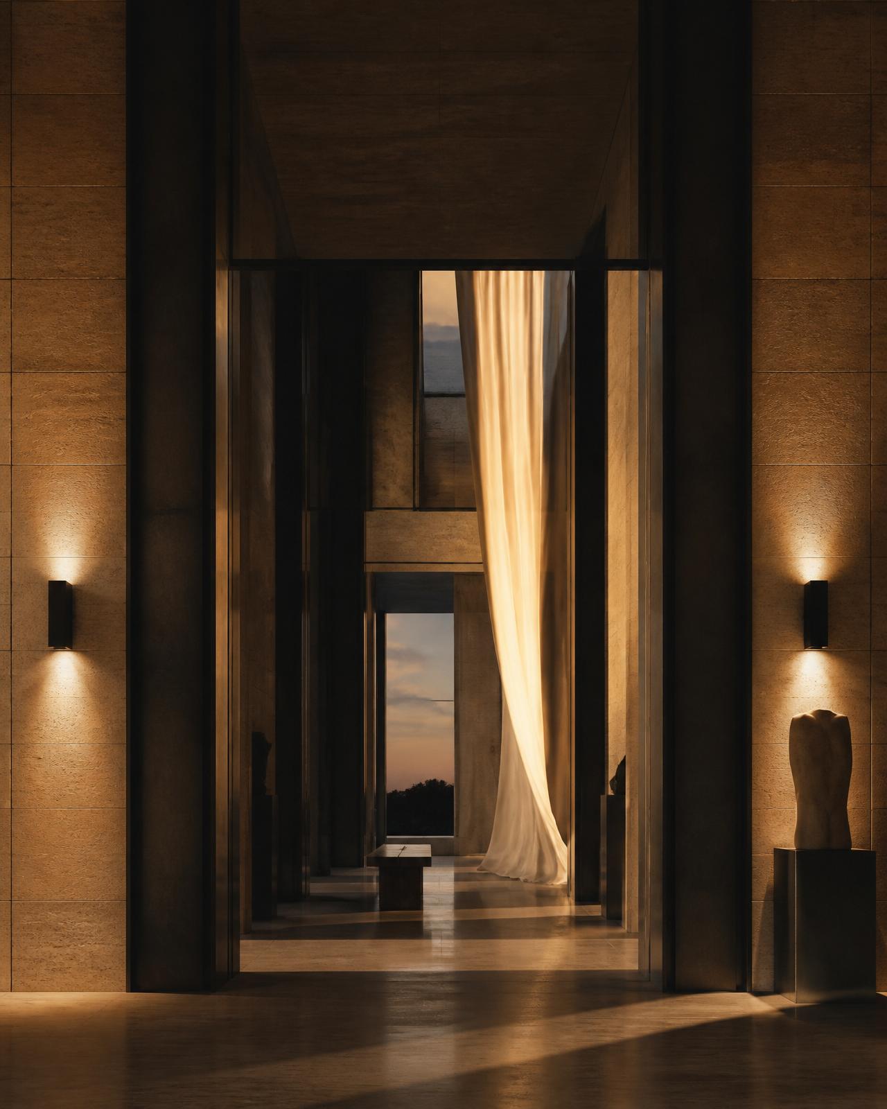 A travertine and blackened steel colonnade at dusk